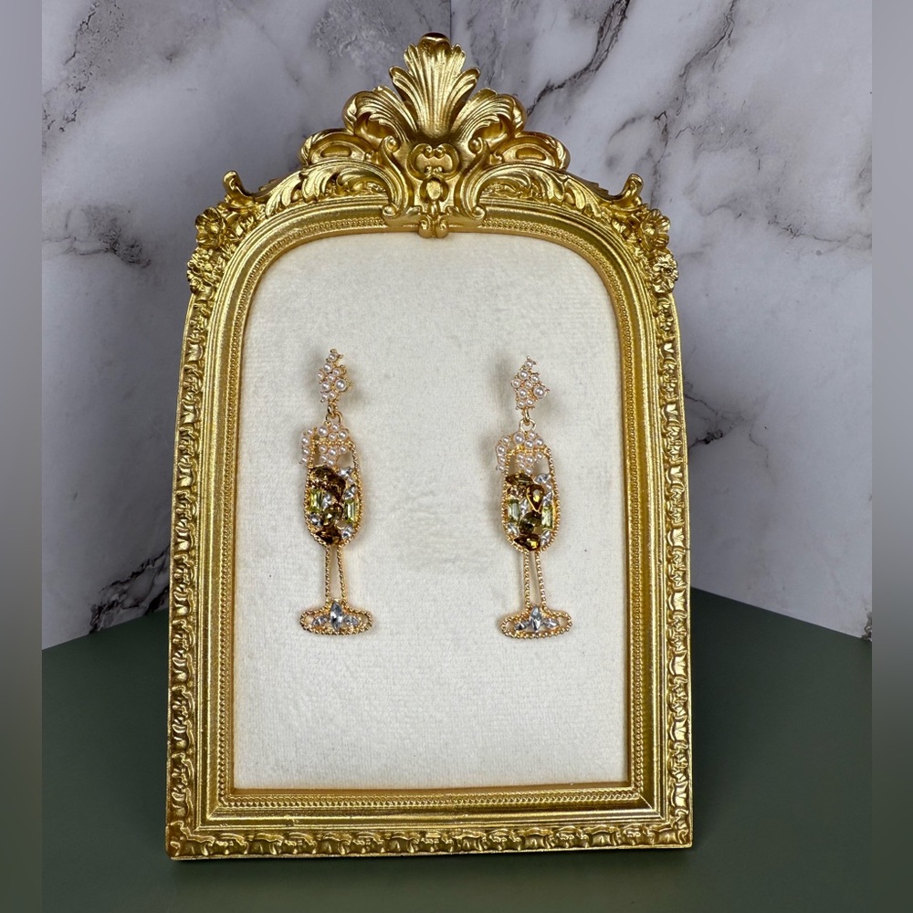 ✨ Champagne Glass Statement Drop Earrings | Pearl & Crystal Gold Tone | NWT